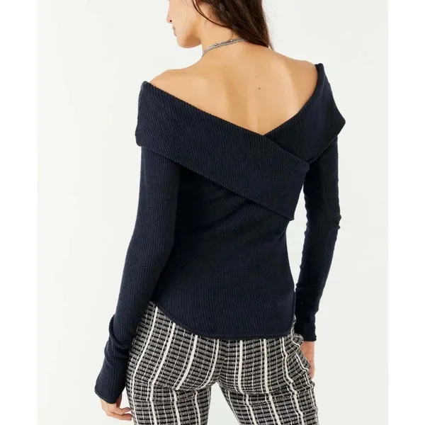 Free People Marley Off Shoulder Fitted Blouse Top Buffy Rib Poppy Seed Black XS - Image 2