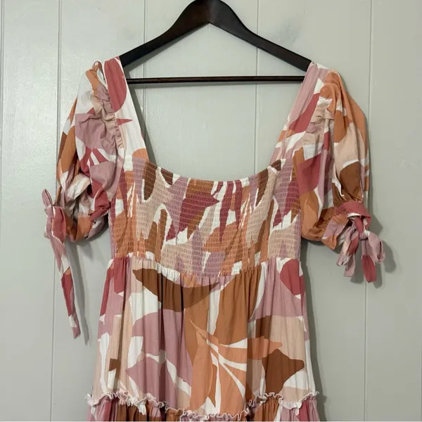 The Girl and The Sun Everlight Leaf Print Midi Dress Puff Sleeve Smocked Size L - Image 7