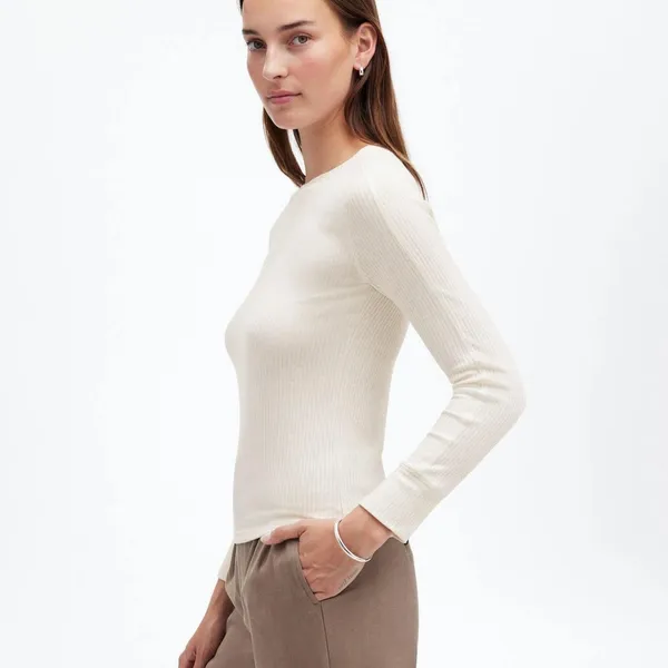 NWT Madewell Ribbed Crewneck Long-Sleeve Tee Cream Size L - Image 2