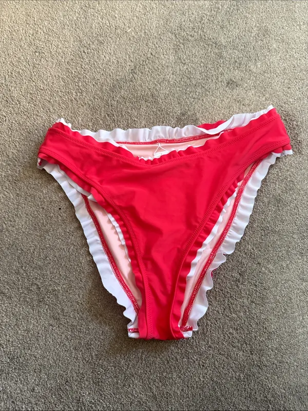 Cupshe Hot Pink Ruffle Trim High Rise Cheeky Swim Bikini Bottoms Size L - Image 3