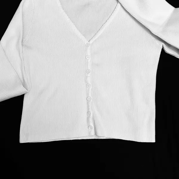 Brandy Melville John Galt White Ribbed V-Neck Button Front Long Sleeve Cardigan One Size - Image 3