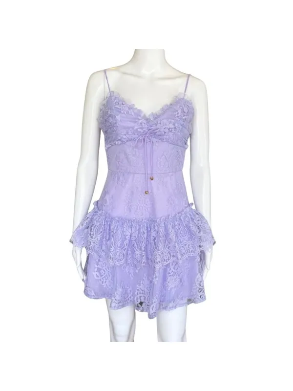 Angel Biba Sleeveless Tiered Shimmer Lace Floral Mini Dress Lavender Purple Size - Image 6