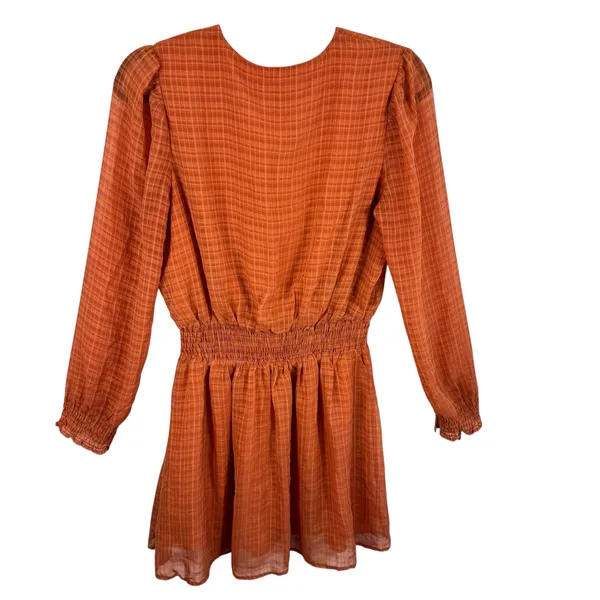 NSR Orange Plaid Long Sleeve Smocked Waist Lined Lightweight Mini Dress‎ Size M - Image 2