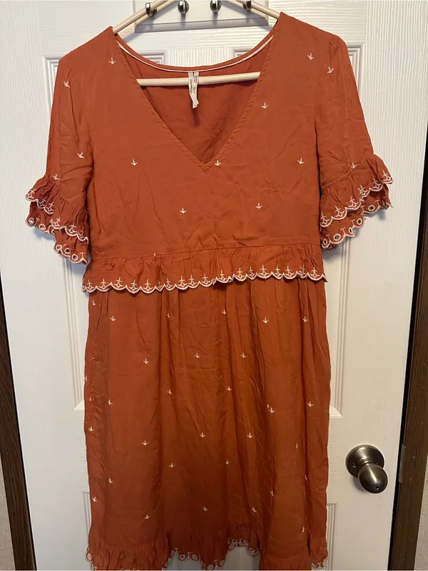 Anthropologie Coral Orange V‑Neck Midi Dress with Eyelet Trim - Image 3