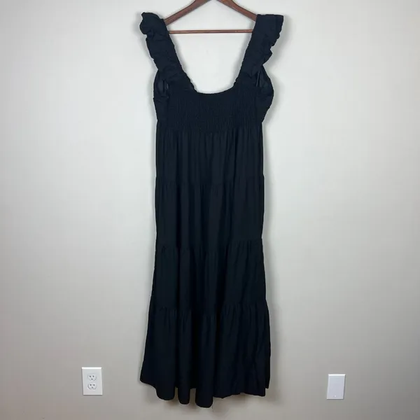 Jason Wu‎ Maxi Dress Womens Large Black Tiered Linen Blend Pleated A-Line L FLAW - Image 15
