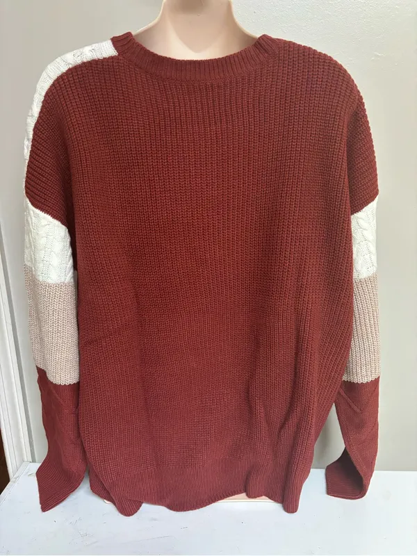 Colorblock Cable-Knit Crewneck Sweater in White, Taupe & Rust - Image 2