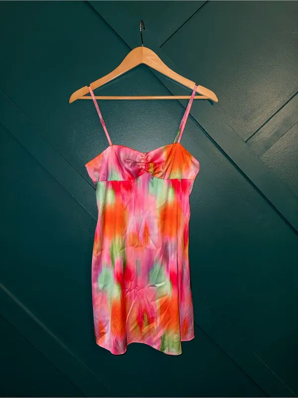 Missguided Rainbow Watercolor Slip Dress Barbiecore Abstract Print Y2K - Image 3