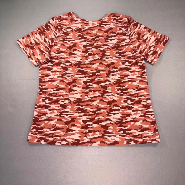 Denim & Co Active Womens Medium Red Pink Camo Short Sleeve Cotton Stretch Top - Image 2