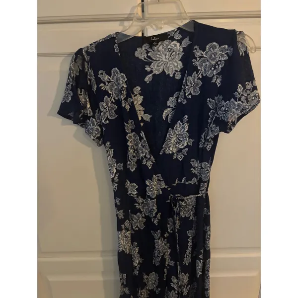 Lulus‎ Navy Blue Floral Maxi Wrap Dress Short Sleeve V-Neck Rayon XS - Image 2