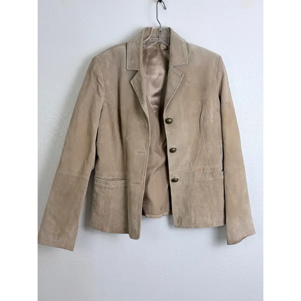 Vintage 90s Boho Suede Leather Blazer Tan Ruff Hewn Women's L - Image 2