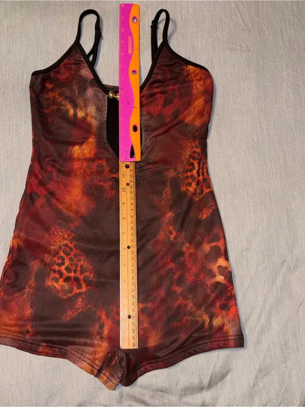 Shein Red Cheetah Animal Print Romper Small, Beaded Front Cutout Small, Festival - Image 5