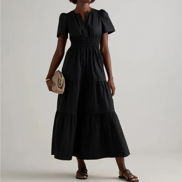 NWT Quince Women’s 100% Organic Cotton Poplin Tiered Maxi Dress Black Sz L - Image 3