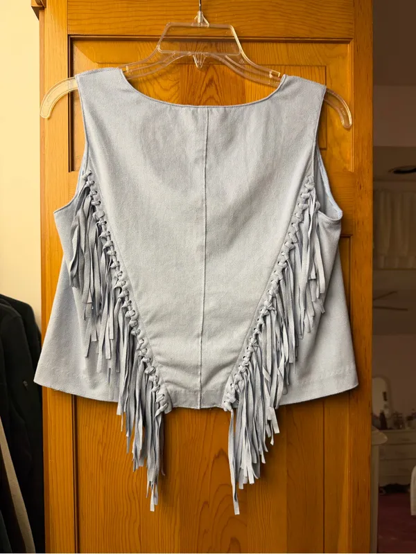 Fringed V-Neck Tank Top in Light Blue by Romeo & Juliet Couture - Image 2