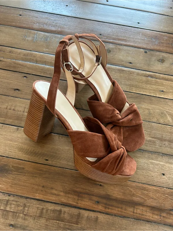Anthropologie Maeve Suede Knot Platform Brown Heels 10 - Image 2