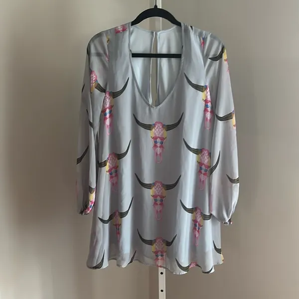 SHOW ME YOUR MUMU Balloon Sleeve Tunic Dress Boho Longhorn Skull Colorful Mini - Image 3