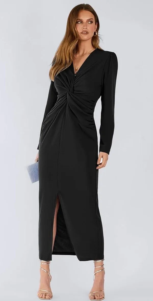 PRETTYGARDEN Women's Spring Fall Fashion Long Puff Sleeve Maxi Dresses V Neck Twist Front Formal Dress with Slit - Image 5