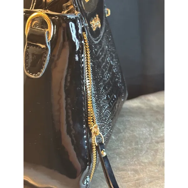 Danbaoly Black Croc Embossed Patent Satchel Handbag Gold Tone Hardware - Image 6