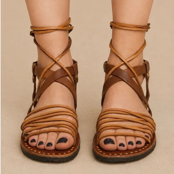 933|Free People Studded Boho Hippie Leather Gladiator Sandals Brown Women 37 6.5 - Image 3