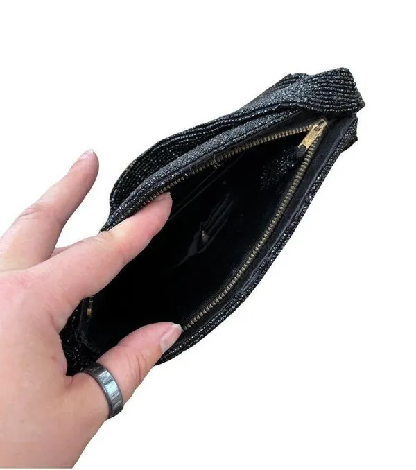 Vintage Black Beaded Hand Bag, 1950s Black Beaded Purse - Image 4