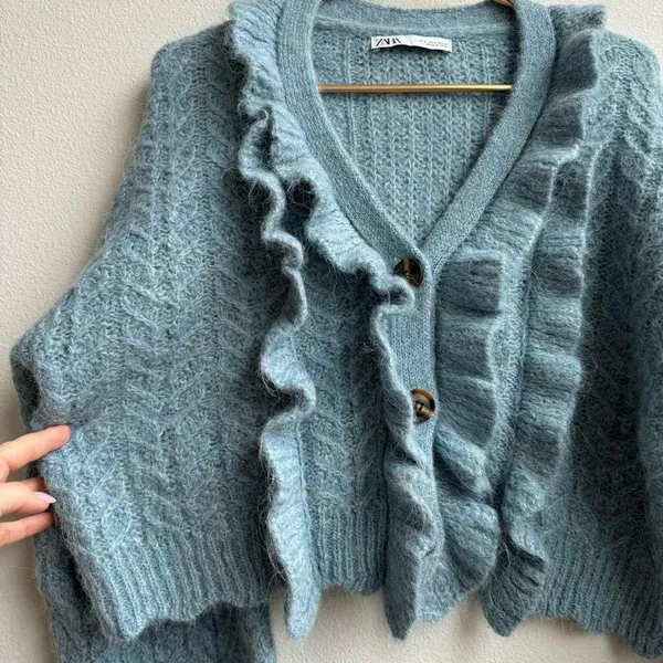Zara Alpaca Blend Blue Ruffle Button Front Knit Puff Sleeve Sweater Size Small - Image 3