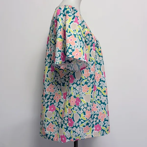 Jodifl Floral Babydoll Blouse M Teal Pink Orange Short Sleeve Boho Spring - Image 4
