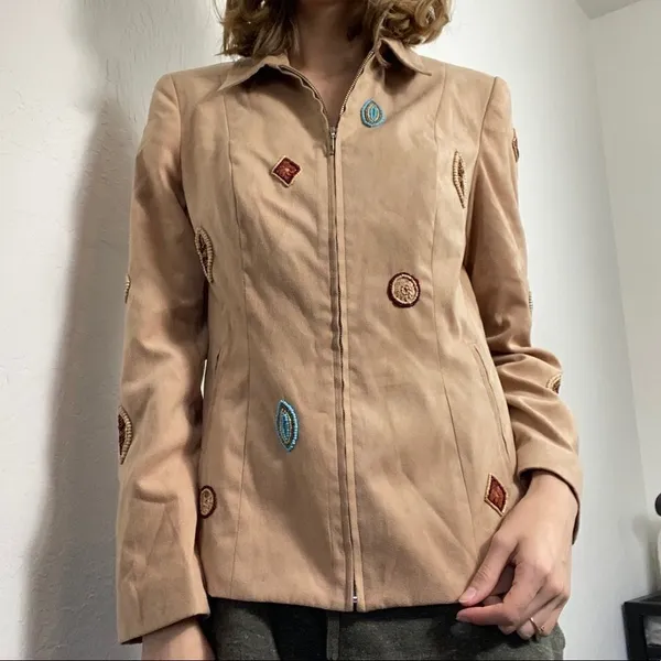 Vintage Tan Suede Beaded Western Zip Up Jacket Tan Size 6 - Image 3