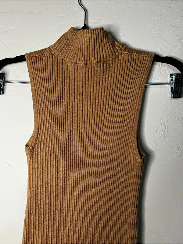M Magaschoni Camel‎ Ribbed Knit Mock Neck Side Slit Midi Sweater Dress - Image 9