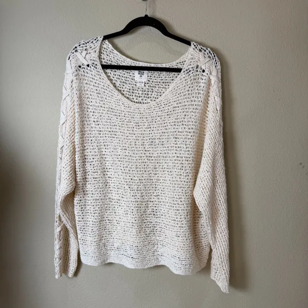 BILLABONG Lace Up Open Knit Crochet Style Sweater Top Size Large - Image 2