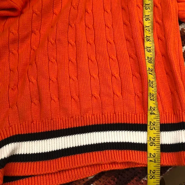 Oklahoma State University OSU Preppy Cable Knit Chunky V-Neck Sweater Collegiate Long Sleeve Orange White Sz L Measurement in pics - Image 7