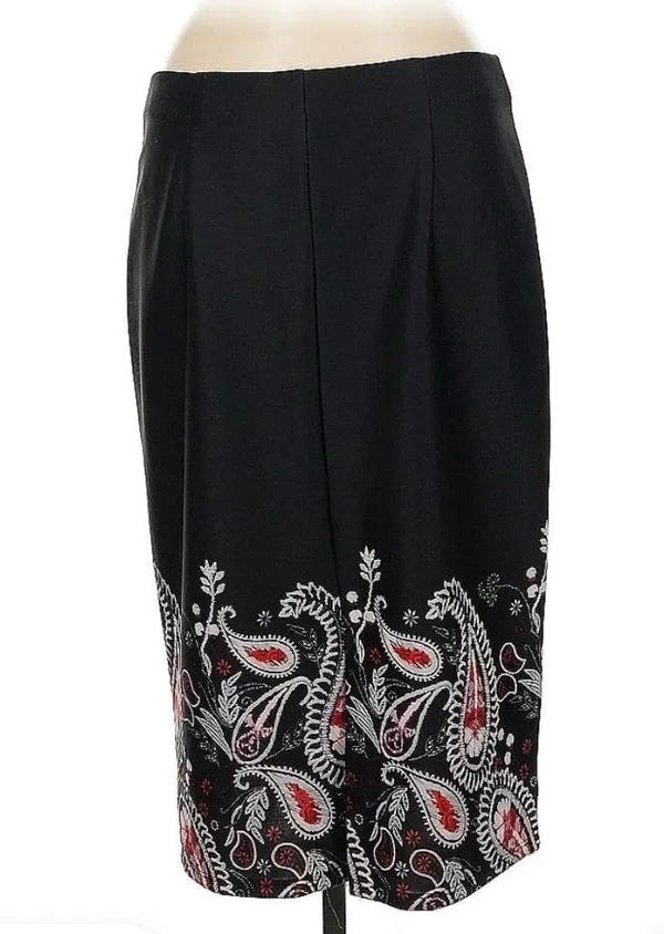 New York And Company Elegant Black Embroidered Paisley Stretch Back Kick Skirt Medium - Image 2