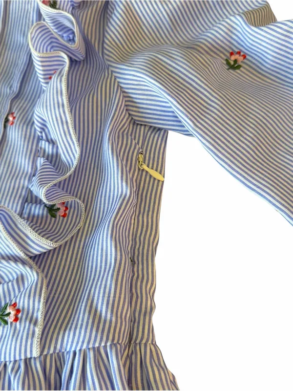 English Factory - Blue Pinstripe Floral Embroidered Ruffle Bow Dress Sz S - Image 6