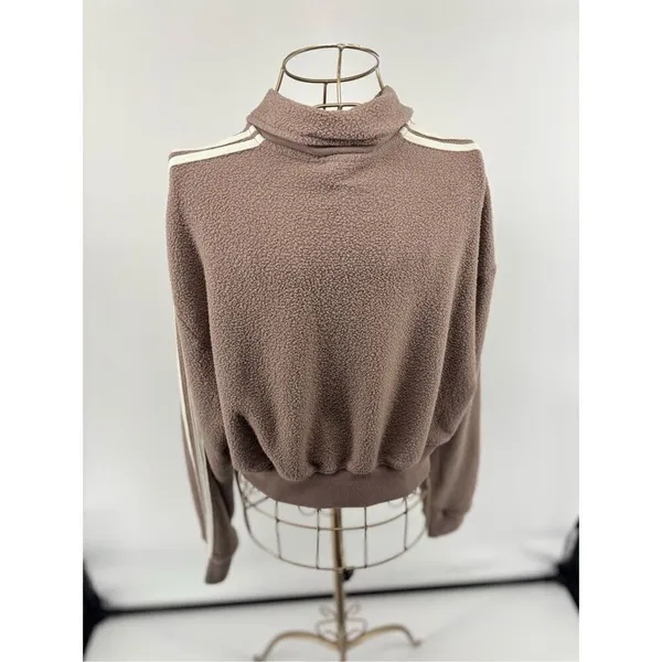 PINK Victoria’s Secret Cropped Collared Sweatshirt Taupe Crest Logo Small Fleece - Image 9