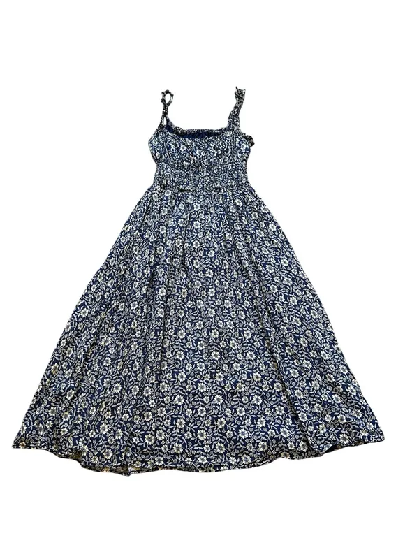 Blue Floral Babydoll Midi Dress Milkmaid Smocked Waist Cottage Boho Summer - Image 5