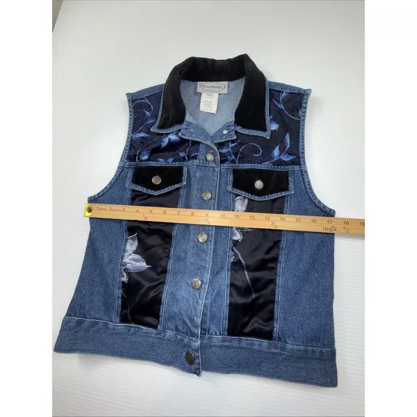 Vintage 1990s Stonebridge blue Floral velvet Satin denim Vest & Skirt Set Size S - Image 5