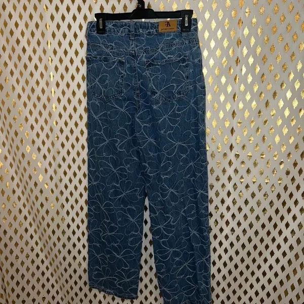 Flying Angel Floral Embroidered High Waist Wide Leg Jeans In Medium Dark Wash si - Image 3