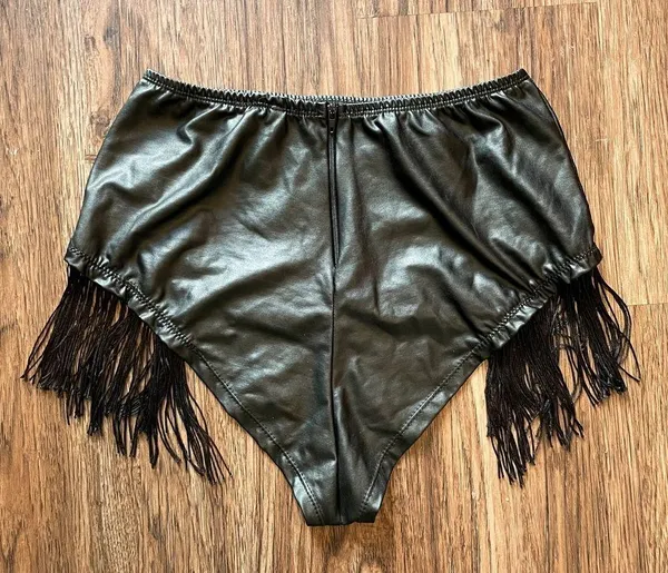 Body Rage Black Faux Leather Fringe Bikini Cut Bottoms Shorts Sz Large - Image 2