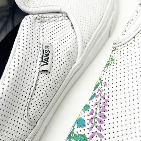 VANS White Perforated Leather Floral Custom Painted Slip On Shoes, Size 10 Boho - Image 9