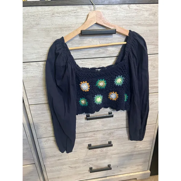 Aerie Navy Blue Crochet Granny Square Floral Puff Sleeve Crop Top Small - Image 2