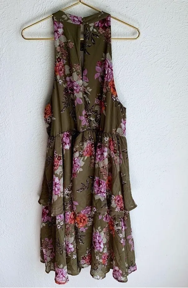 Torrid Floral Tiered Olive Chiffon Dress Sz 1 - Image 3