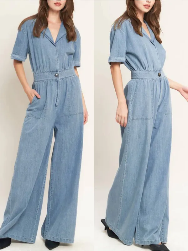 Vici Quiet Luxury Lightweight Chambray Denim Jumpsuit Coveralls Boiler Suit Blue - Image 4
