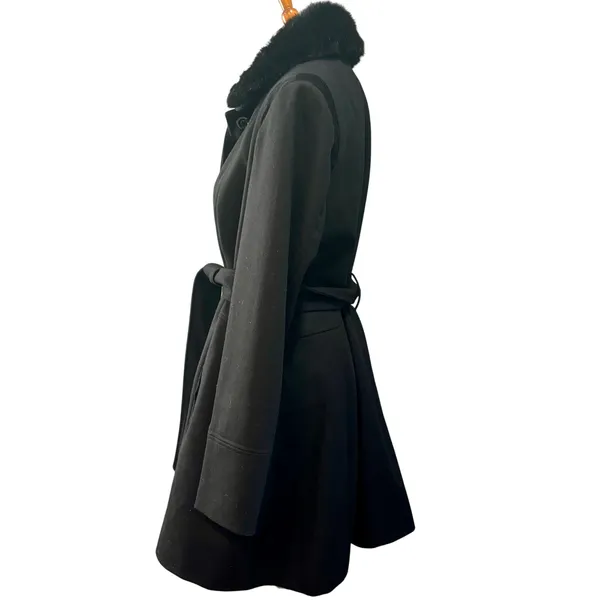 Faux Fur Collar Black Trench Coat Coquette Dark Academia Old Money Wool Blend XL - Image 2