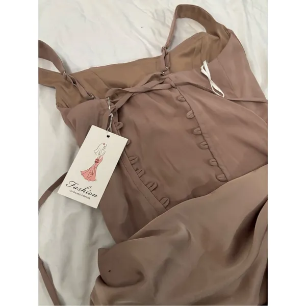 Brown Satin Corset Draped Maxi Dress Size 2 Ruched Side Tie Formal Evening - Image 6