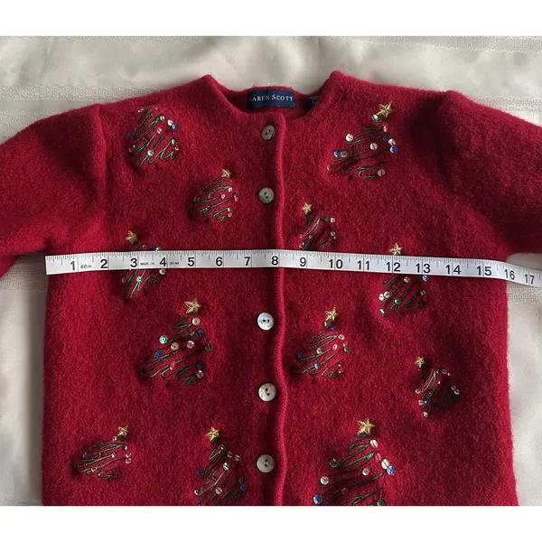 Karen Scott Red 100% Wool VintageCardigan Sweater Sequin Embroidered Tree M Crew - Image 5