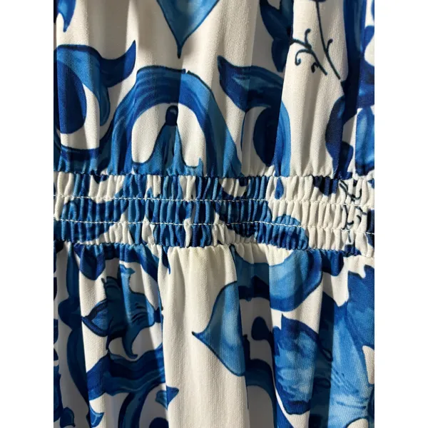 Alexia Admor Size L Blue White Majolica Mediterranean Floral Ruffle V-Neck Dress - Image 5