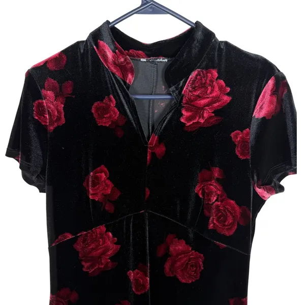 Vintage Black Velvet Red Rose Floral Maxi Dress Mandarin Collar 90s Goth Dress - Image 2