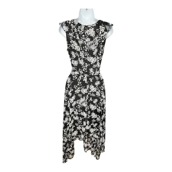 Banana Republic Elegant Ruffle Dress Black/White Floral print Size 4 Asymmetric - Image 6