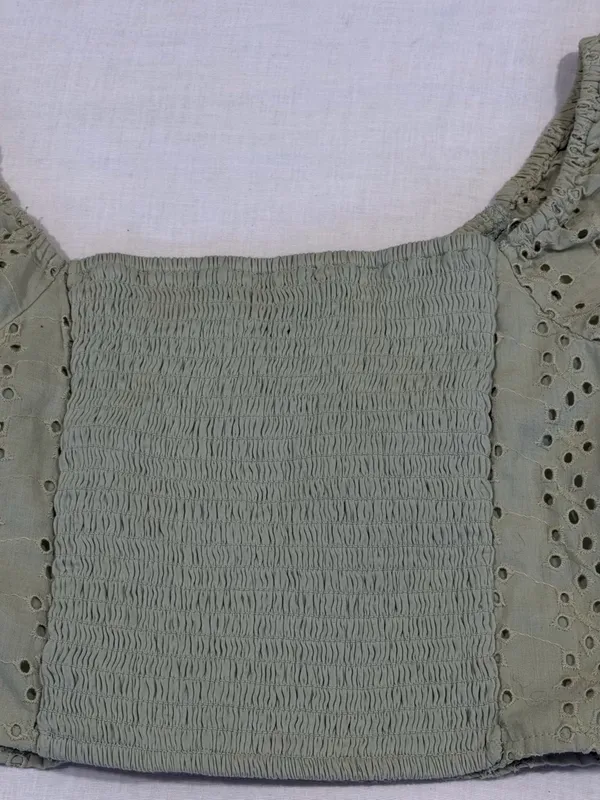 Hollister Puff Sleeve Smocked Eyelet Crop Top Sage Green Size Small S EUC - Image 2