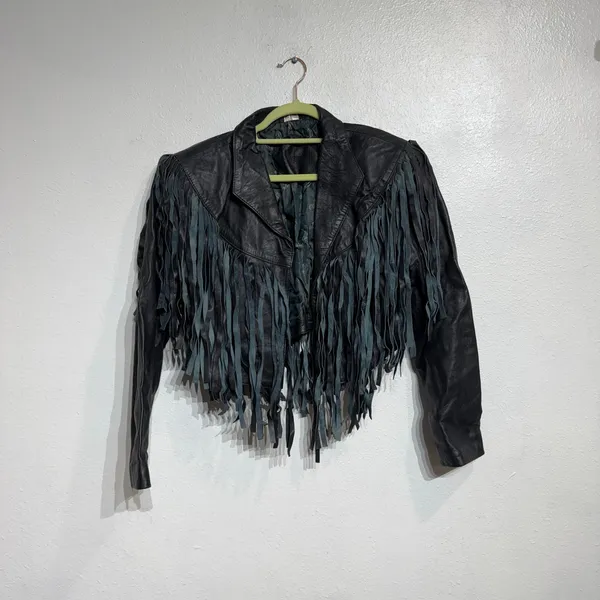 Vintage Black Leather Western Moto Fringe Cropped Jacket Sz M - Image 2