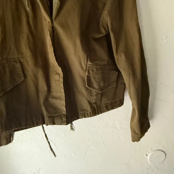 Brandy Melville Womens Olive Green Utility Jacket Hooded Cropped‎ Military Coat - Image 5