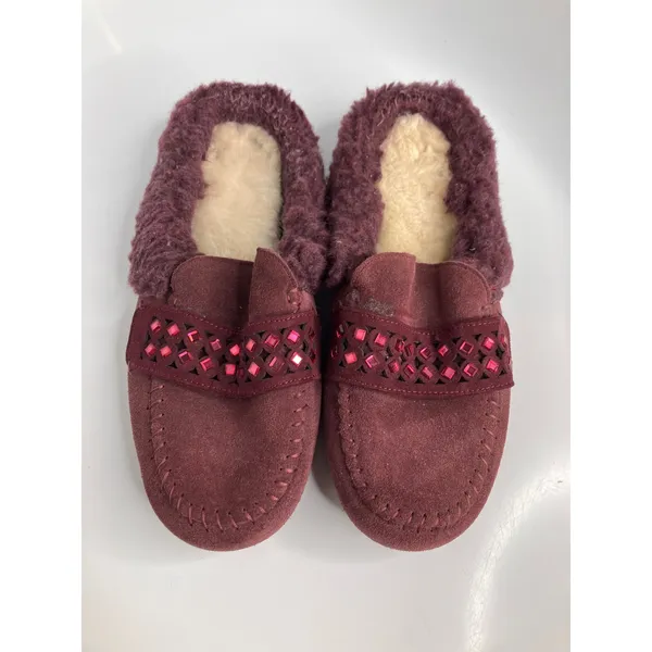 Bearpaw Tilley Slippers Women 7 Burgundy Exc Suede Rhinestone Moccasin Flat - Image 2